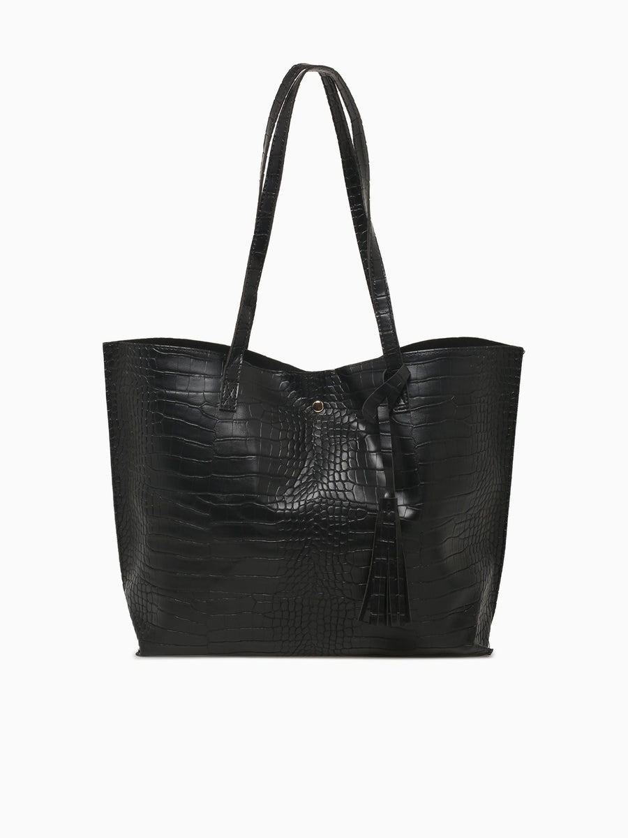 Simple Tassel Tote Black Croco Black